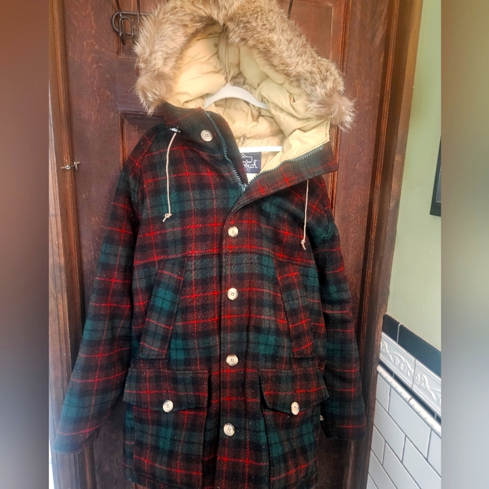Woolrich Tartan Puffer Coat with Fur Hood - Red, Green, Black